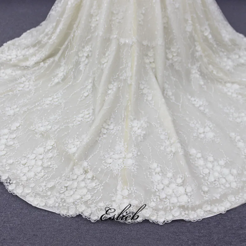 Eslieb 3D цветы жемчуг бисер свадебное платье бальное платье, свадебное платье телесного цвета сетка 3/4 рукава Длинный Шлейф Кнопка назад HA007