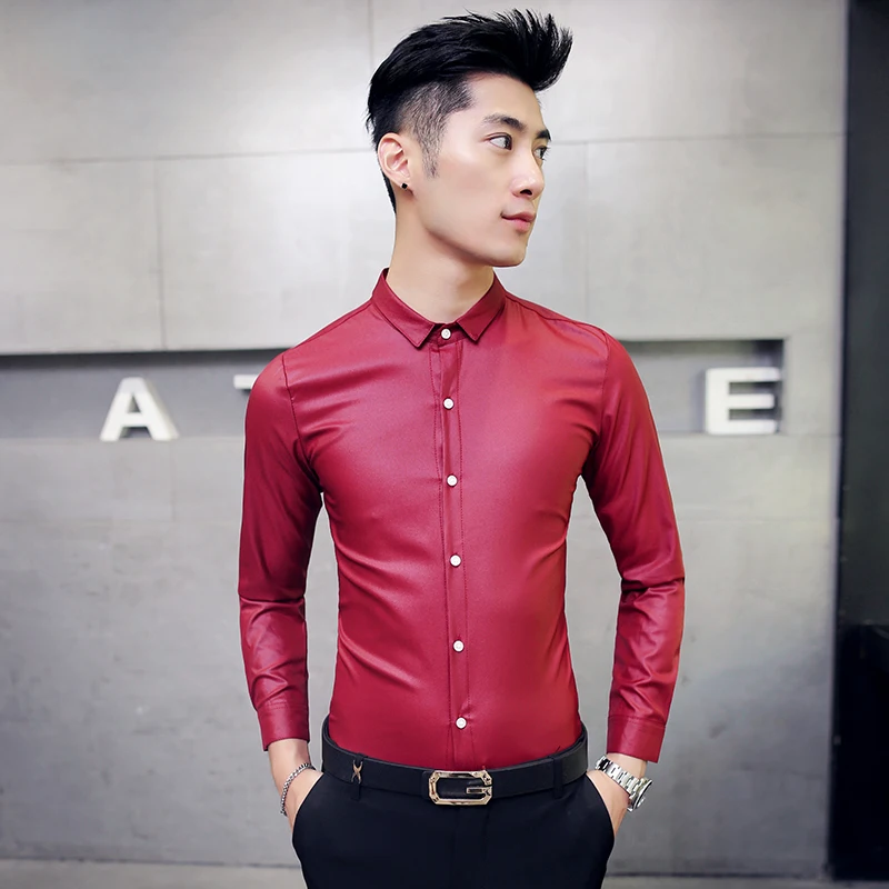 Весна и осень мужская жесткой сетки красная рубашка в Корейском стиле для ночного клуба стилист со стоячим воротником футболка с длинными