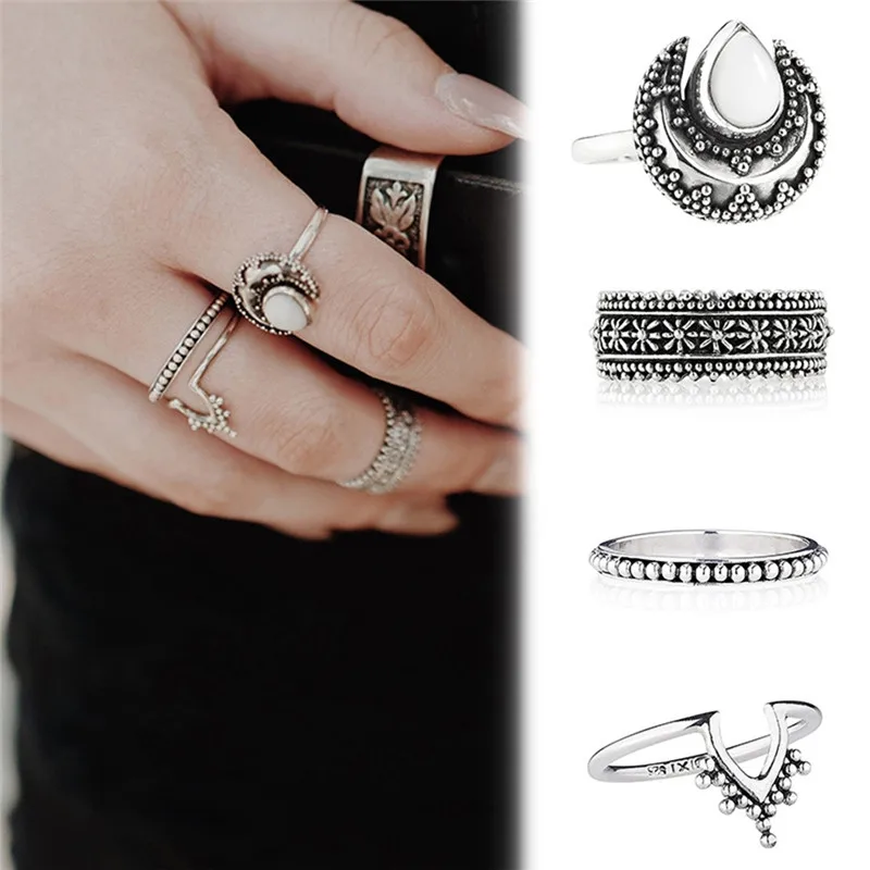 

HOT 4pcs/Set Vintage Geometric Triangle Rings Set for Women Female Anillos Stack Plain Band Knuckle bague Ring Jewelry