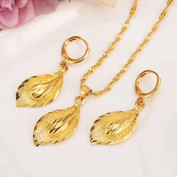 

18 K Fine Solid gold GF Necklace Earring Set Women Party Gift big Leaf Sets daily wear mother gift DIY charms girls Fine Jewelry