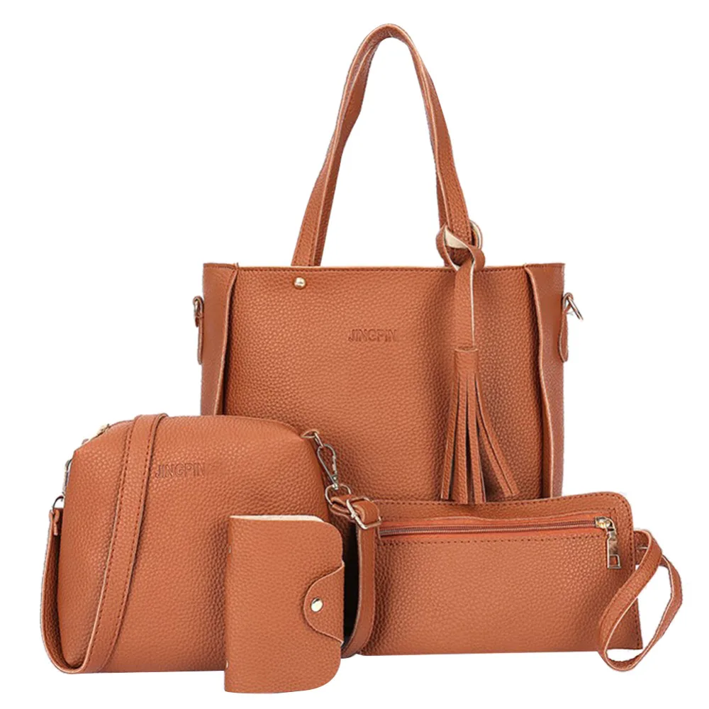 

4pcs/Set Multi-Colors Lichi Leather Tassels Women Tote Shoulder Handbag Clutch Card Bags Big Capacity Bolsa Feminina Mochila