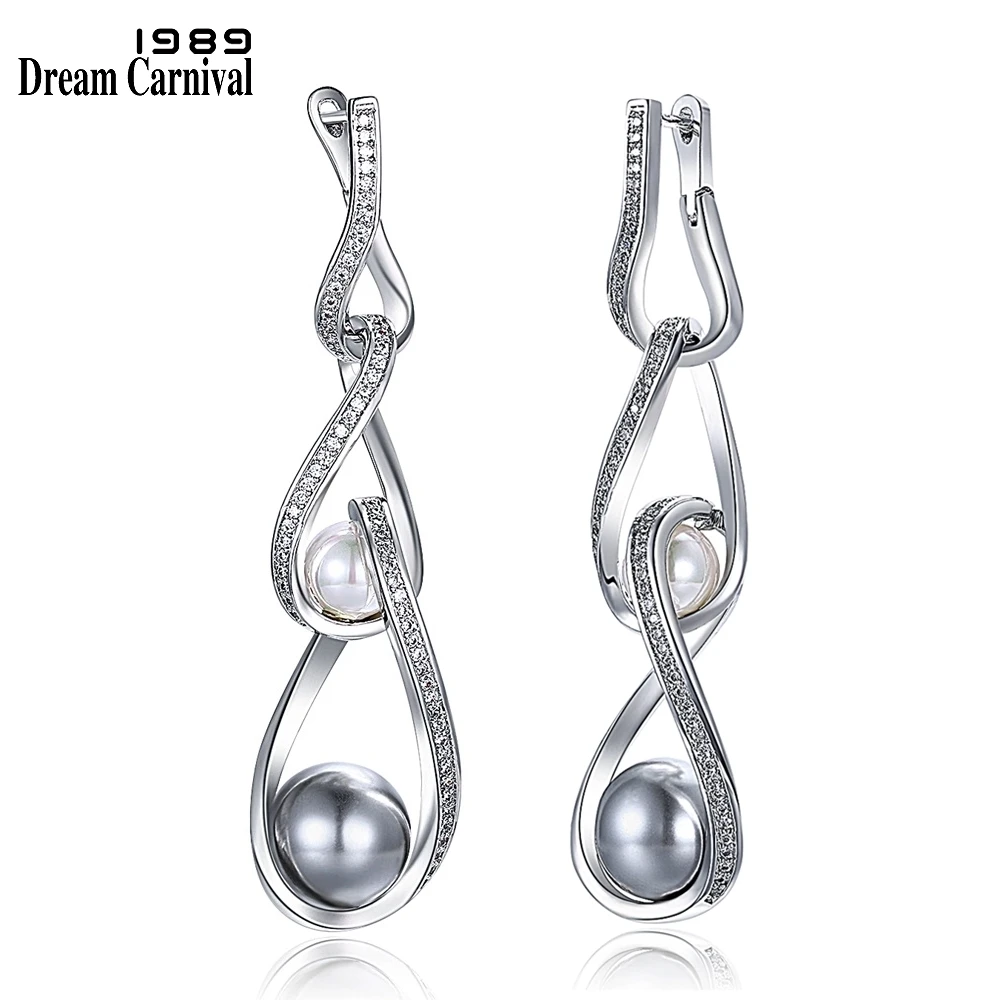 

DreamCarnival 1989 New Arrive Women Drop Earrings White and Grey Synthetic Pearls Zirconia Paved Infinity Design for Love WE3818