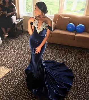 

Blue Off the Shoulder Mermaid Prom Dress V Neck Appliques Court Train Formal Long Evening Dresses Plus Size Custom Party Gowns