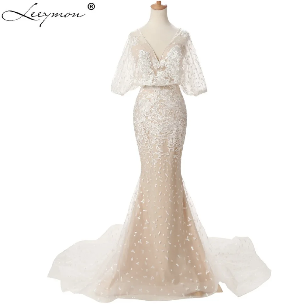 Sexy Embroidery Lace Tulle Mermaid Puff Sleeves Ivory Bridal Gown Long Wedding Dress with Pearls