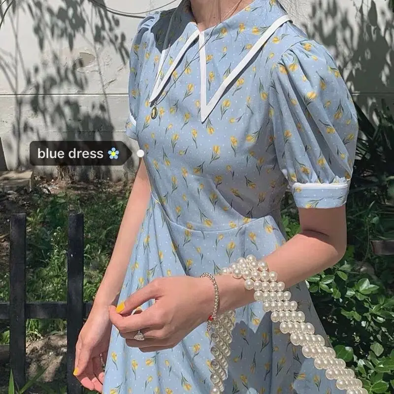 

Peter Pan Collar Floral Blue Dress Vintage Vestidos Verano 2019 Mini Summer Dresses Kawaii Strand Jurkjes Korean Style Women