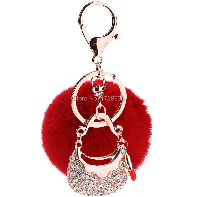 

Key Chain Pendant Fluffy Hot Red Rabbit Fur Ball Keychain Fur Pom Pom Keychain Woman Bag Charm Crystal Rhinestone Handbag