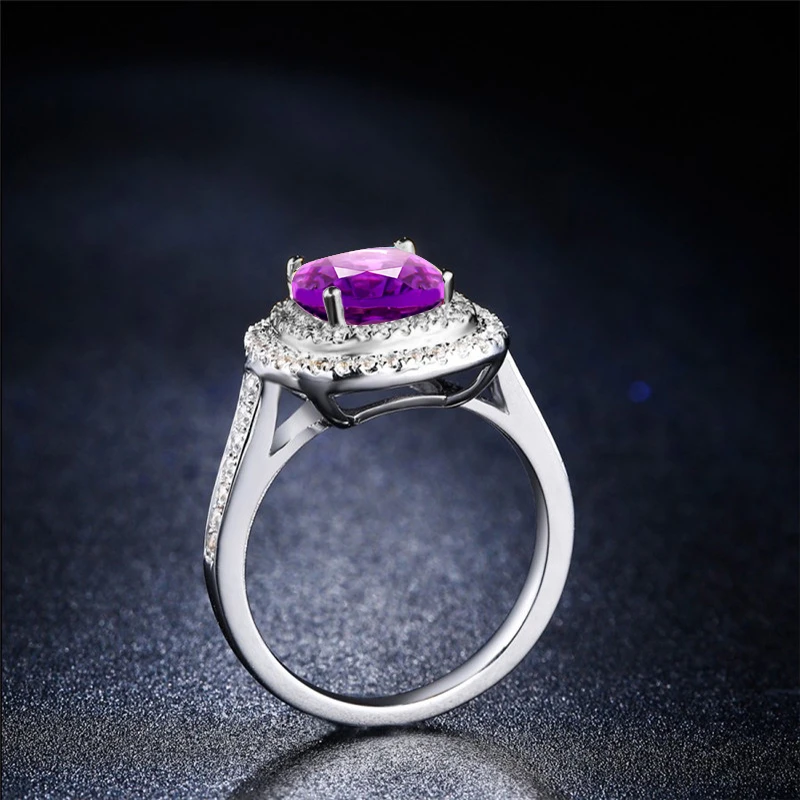 AINUOSHI Природный аметист двойной Halo Кольцо 2.5ct Подушки Огранки Драгоценных Камней Обручение вечерние Для женщин Jewelry 925 пробы серебро Square Ring