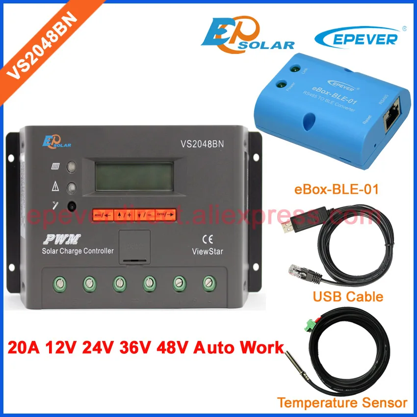 

BLE BOX and temperature sensor VS2048BN 20A 48V 36V PWM EPEVER series USB communication cable solar charging controller 20amp