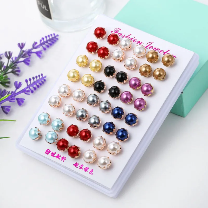 

YANG&RH 24 Pairs/Set Random Simulated Pearl Stud Earrings Set Mix Handmade Colorful Ball Ear Stud Brincos Jewelry For Women