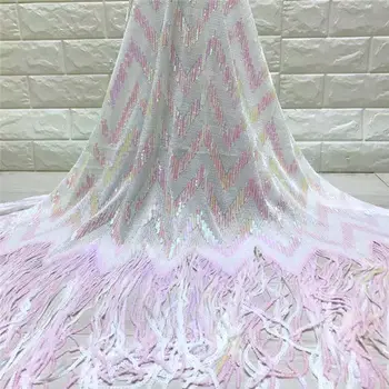 

5yards/lot white lace african sequins lace fabric high quality african tulle lace fabric 2019 New design 5 cm fringed edge