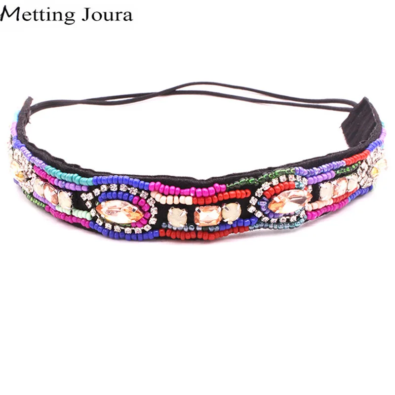 

Metting Joura Multiple colored Beads Headband Vintage Handmade Braided Hairband Wide Elastic Headband For Women Hair Accessories