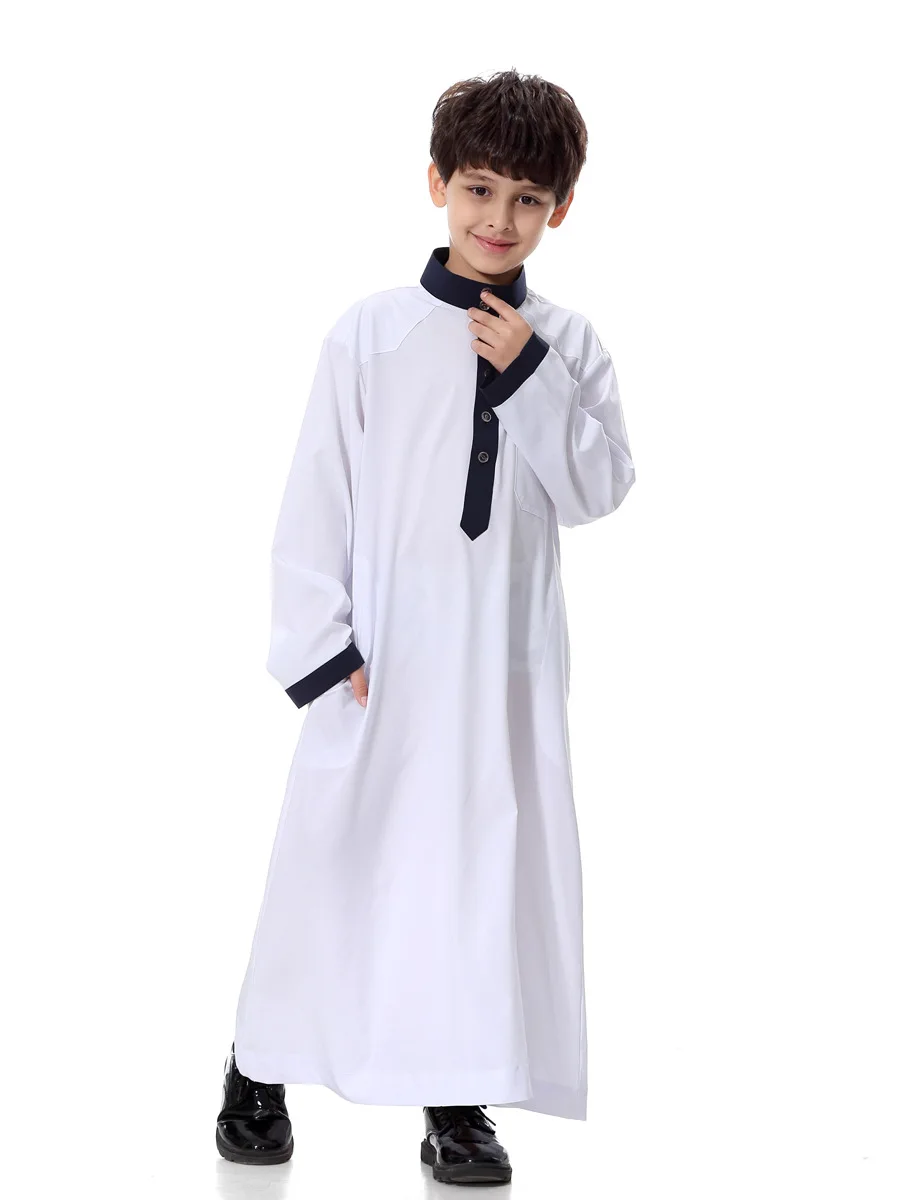 4-15Years детская Jubah мусульманский абайя, арабское халаты для мальчиков 4 цвета с длинным рукавом мусульманские кафтан халат Повседневное блузки рубашки Костюмы - Цвет: white