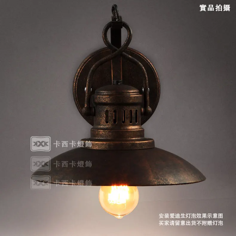 Nordic vintage rural style creative industry loft antique black iron lid wall lamp with Edison bulb
