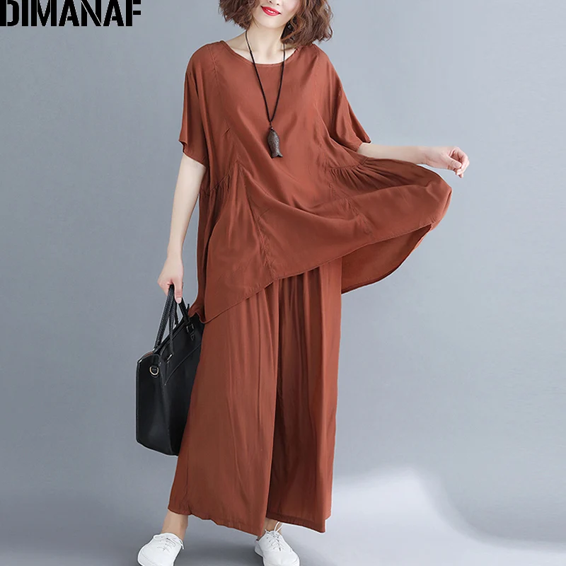DIMANAF плюс Размеры Для женщин комплекты женская футболка тенниска рубашка Длинные брюки свободные Комплект из 2 предметов Твердые Хлопок 2019