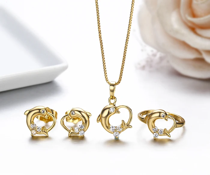 Children Girls Baby Kids Jewelry Sets Yellow Gold Color Dolphin Heart Charm Pendant Necklace Stud Earrings Ring Festa Jewellery