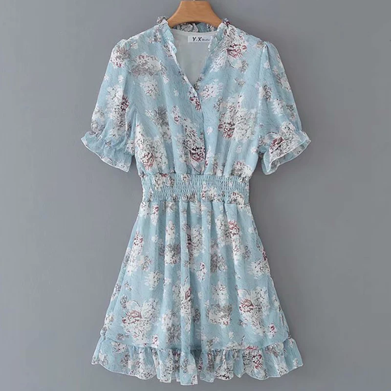 Women's Clothing Dress 2019 Chiffon V-Neck Tri-Color Ruffled Print Dress Ms Summer Street Sexy Slim Fit Temperament Clothing