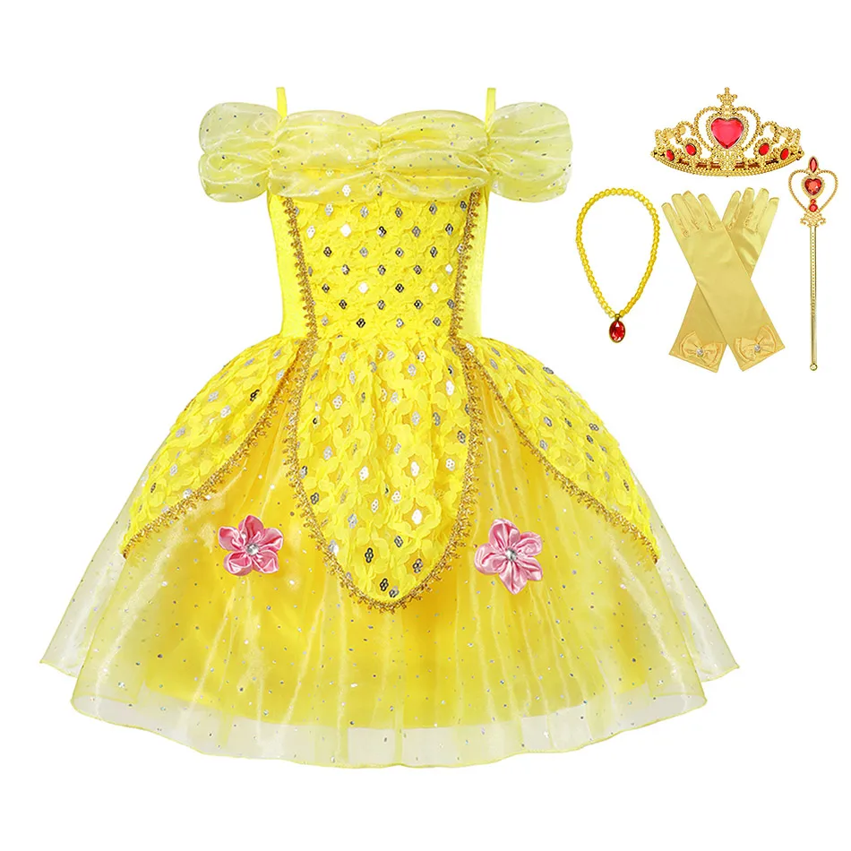 

2 4 6 8 10 Years Old Girls Beauty and the Beast Princess Belle Dress Deluxe Yellow Sequined Party Dress Kids Festival Costume
