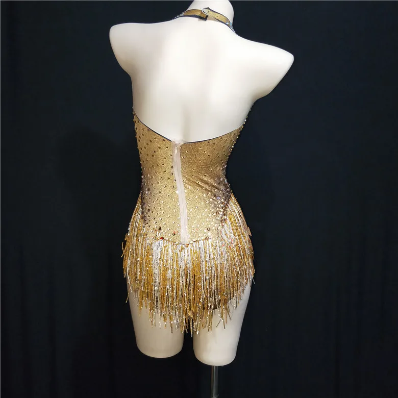 Women Sexy Bar Stage Performance Costume Gold Rhinestones Tassel Backless Bodysuit Nightclub DJ Singer Dance Latin Show Jumpsuit Women Sexy Bar Stage Performance Costume Gold Rhinestones Tassel Backless Bodysuit Nightclub DJ Singer Dance Latin Show Jumpsuit