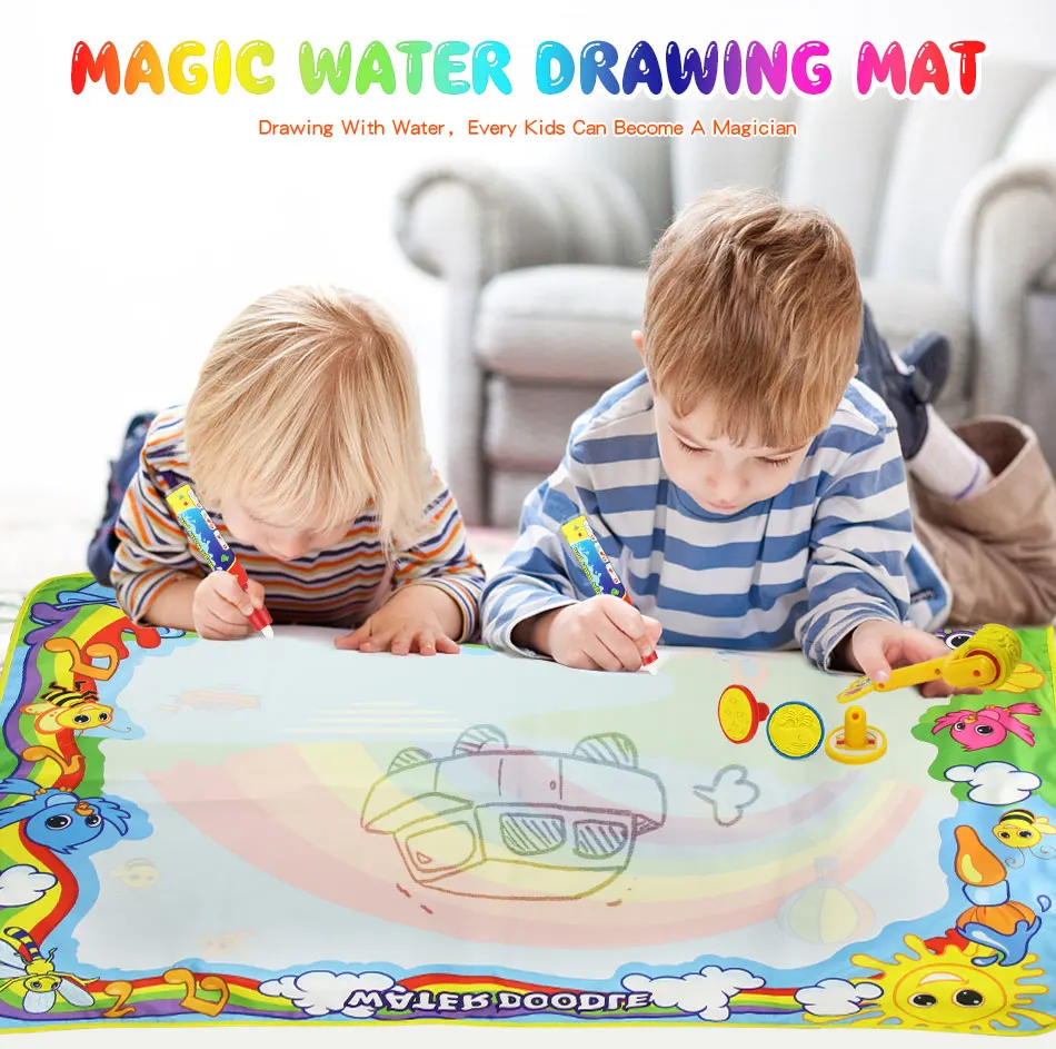 120*90 см мультфильм Magic водный коврик для рисования с 4 волшебные ручки и штамп набор Живопись доска каракули коврики Развивающие игрушки для детей
