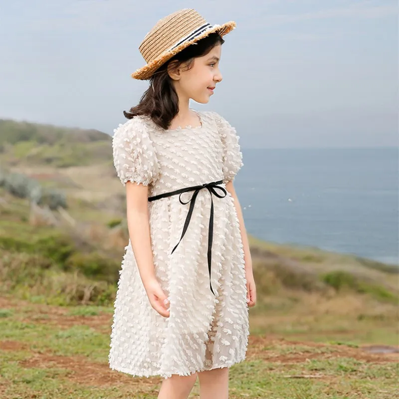 

2019 Summer Solid White Baby Girls Dress Black Ribbons Party Boutique Beige Dress for Girls Clothes Wedding Party Dressed