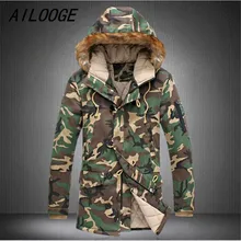 Ailooge модная Камуфляжная парка Для мужчин военный средней длины Мужская одежда утепленная хлопковая стеганая зимняя куртка Для мужчин с мехом