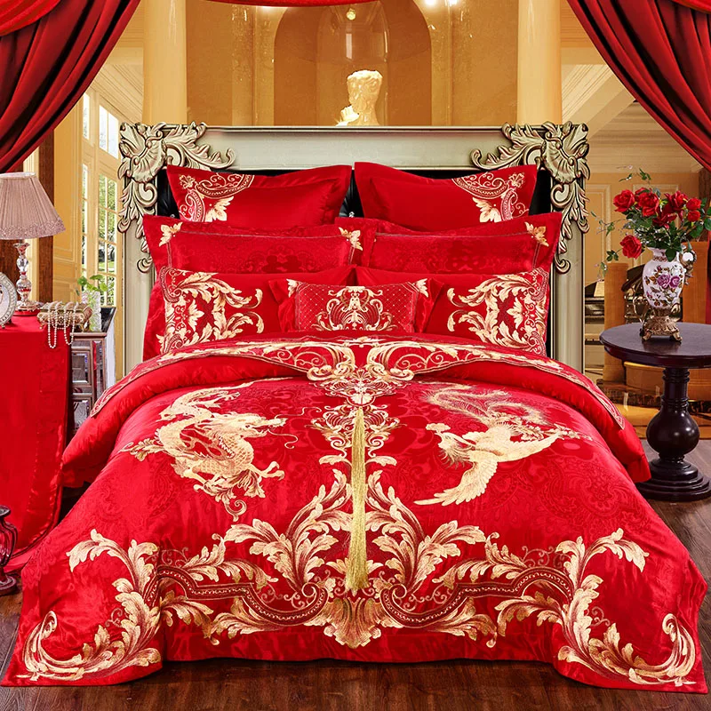 

Luxury Golden Phoenix Dragon Embroidery 100% Cotton Wedding Bedding Set Red Duvet Cover Bed Flag Bed Sheet Bedspread Pillowcases