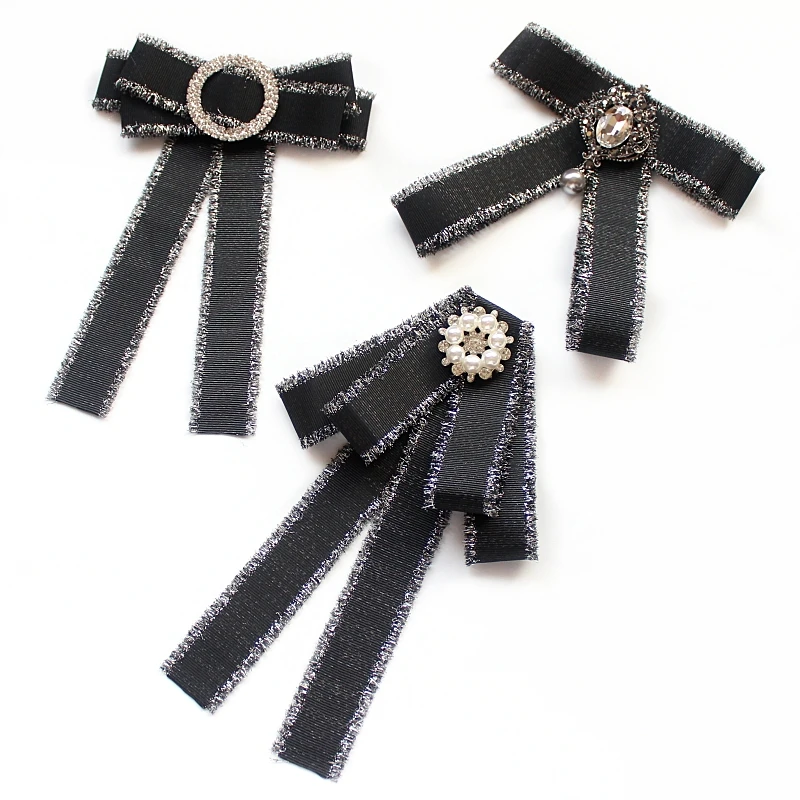 

Luxury Women Neck Collar Shirt Chic Bow Tie Girl Rhinestone Pearl Bead Wedding Business Necktie Cravat Uniform Pin Ribbon Bowtie