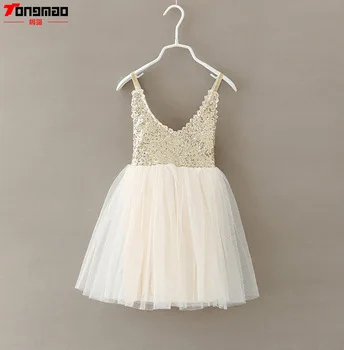 New Hot Children Baby Dress Gold Sequined Lace Sling White Tutu Dresses For Party Wedding Clothing Size 1-7T vestido infantil