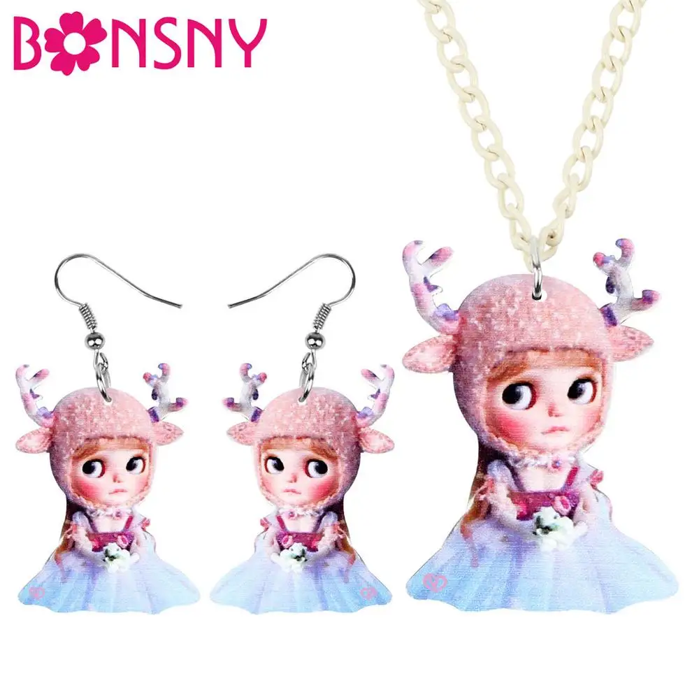 

Bonsny Acrylic Jewelry Set Cute Elk Hat Girl Necklace Earrings Fashion Design Pendant For Women Girls Charms Lots Gift NE+EA