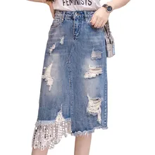 MORUANCLE Женская модная рваная джинсовая юбка с пайетками длинная миди проблемная джинсовая юбка с отверстиями для леди размер s-xl
