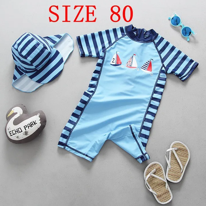 Купальный костюм для мальчиков UPF50, Солнцезащитный детский купальник, цельный+ шапочка, одежда для бассейна детский купальный костюм купальные костюмы, пляжная одежда - Цвет: SIZE 80