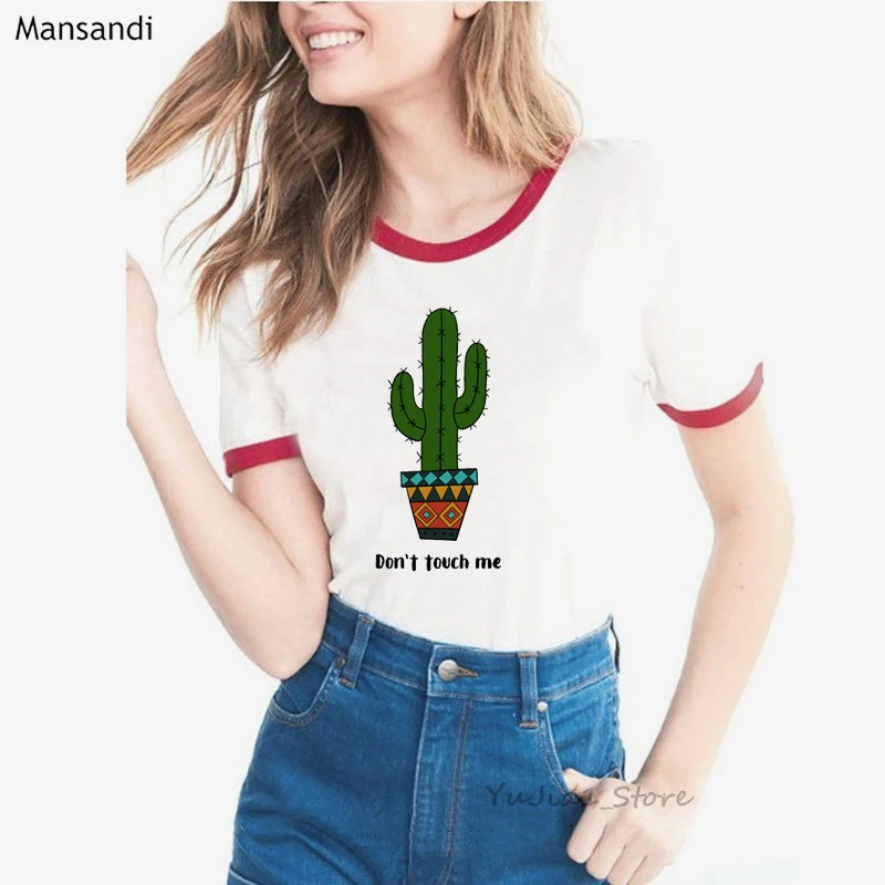 Милая футболка с дизайном «кактус», футболка с надписью «Don't touch me», женская летняя одежда harajuku kawaii, Женская белая футболка tumblr
