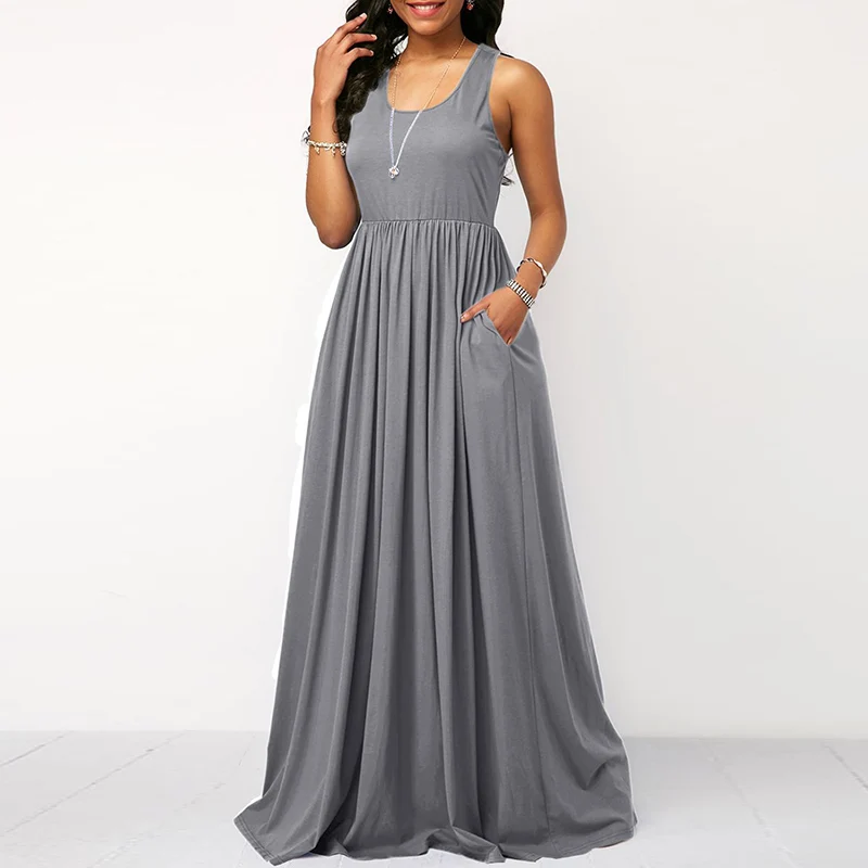Popular New Womens Sleeveless Solid Crew Neck Pockets Maxi Vest Dress Ladies Summer Casual Holiday Beach Sundress Four Color