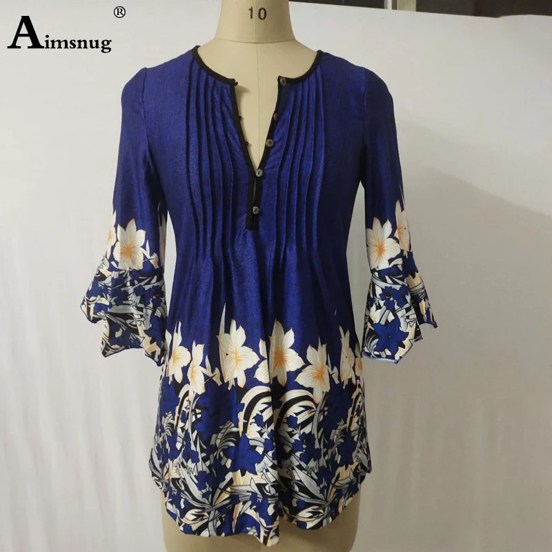 

Plus size 4xl 5xl 2019 Women New Autumn Boho Print Flower Tops Three-Quarter Sleeve V-Neck T Shirt Female Casual Tee Shirt