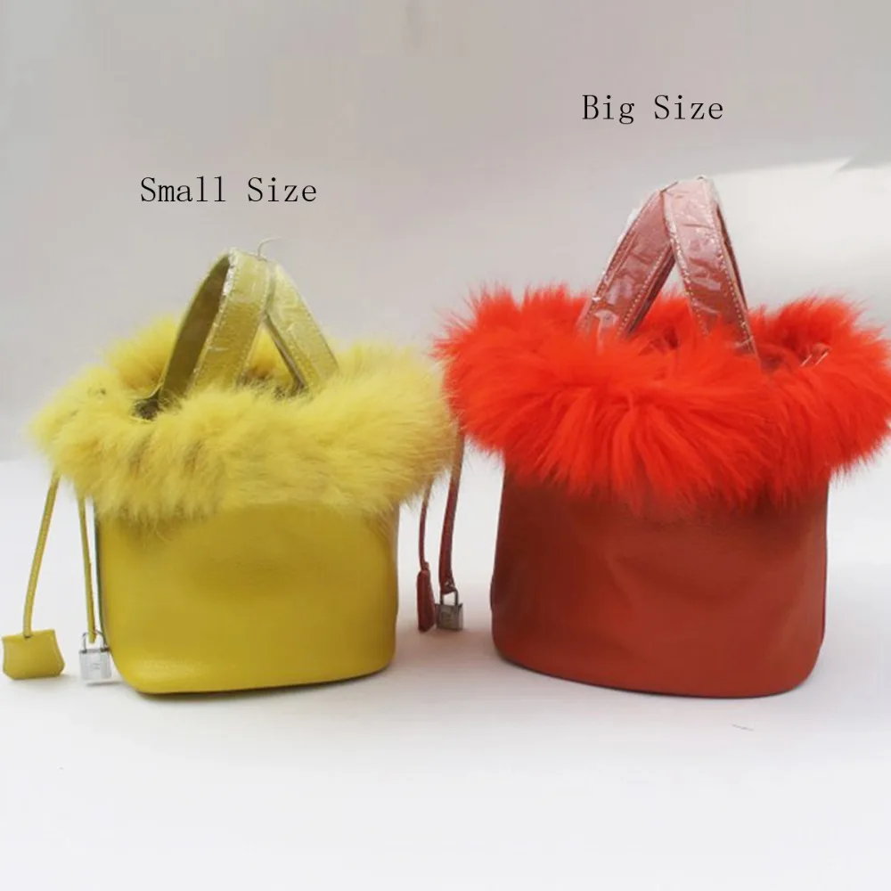  Real Fox Fur Hair Hand Bag Famous Brand Designer Women Tote Bag Natural Genuine Leather Ladies Hand