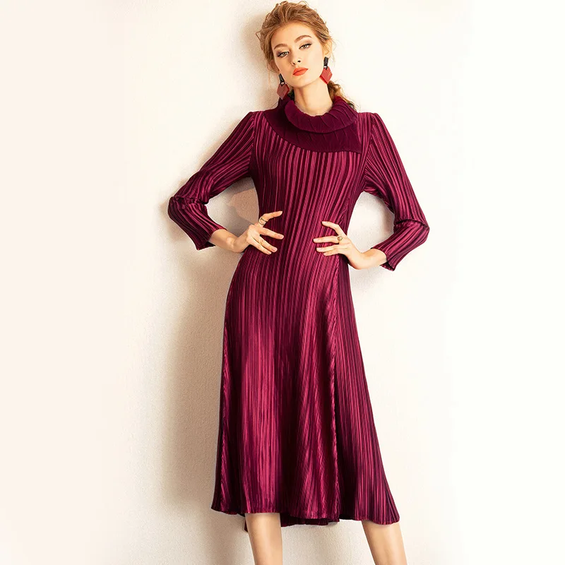 

LANMREM 2019 Spring New Casual Fashion High Quality Women Loose High Collar Solid Color Pleated Long Sleeve Slim Dress TC105