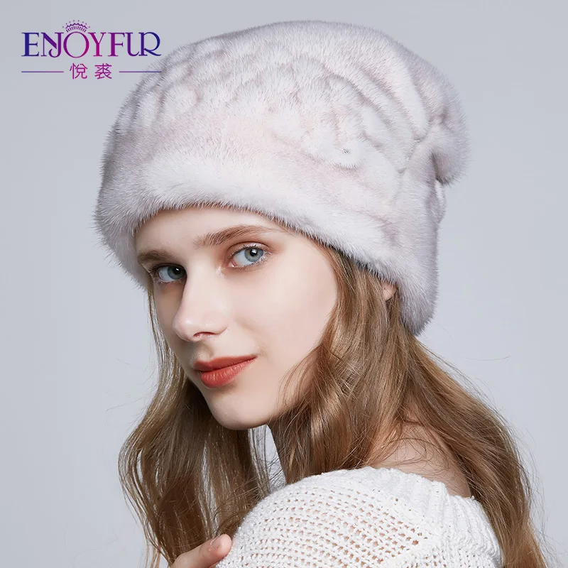 

ENJOYFUR Whole Mink Fur Hats For Women Caps With Flower Design High-end Hats Winter Female Fur Beanies