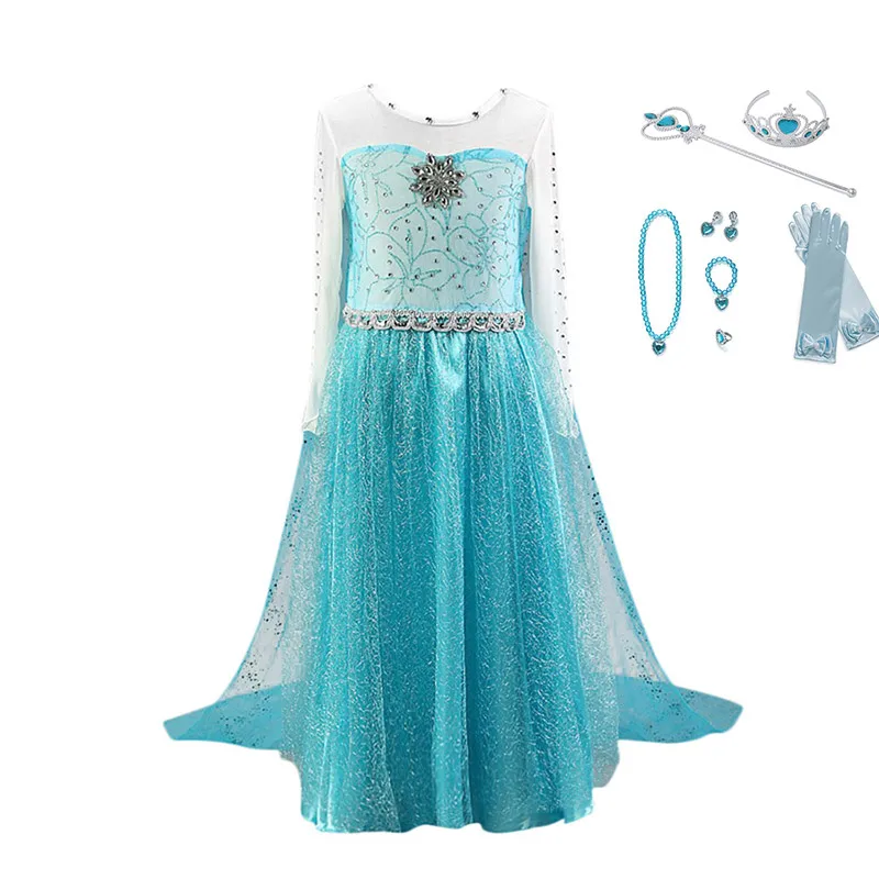 PaMaBa для девочек фантазия Эльза платье принцессы с украшением в виде кристаллов Стразы Bodice блестками Снежная королева на день рождения Vestidos детская одежда на Хэллоуин - Цвет: 9Pcs Dress Set-1