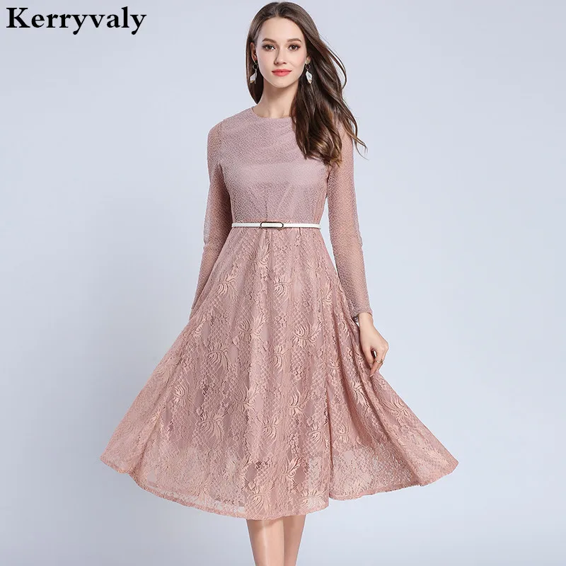 Boho Long Sleeve Pink Lace Dress Woman Dress 2018 Spring Summer Large