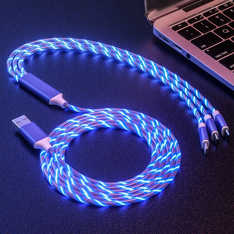 

1.2M 3 in 1 USB Charger Cable for Mobile Phone Micro USB Type C Charge Cable for iPhone Charging Glow LED Glow Flowing Data Cord