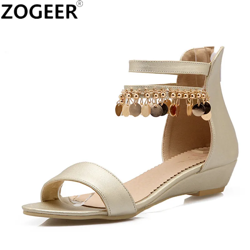 

2018 Summer Women Sandals Bohemian Fashion String Beading Pu Printed Gladiator Casual Low Heeled Wedge Sandals For Woman
