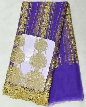 

Most popular purple french net lace fabric with gold embroidery african lace for party dress BN30-7,5 yards/lot