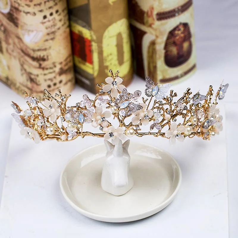 Роскошные бабочки цветок бридалы диадемы барокко золото невесты повязки для волос Свадебные Корональные аксессуары для головных уборов ювелирные изделия SL