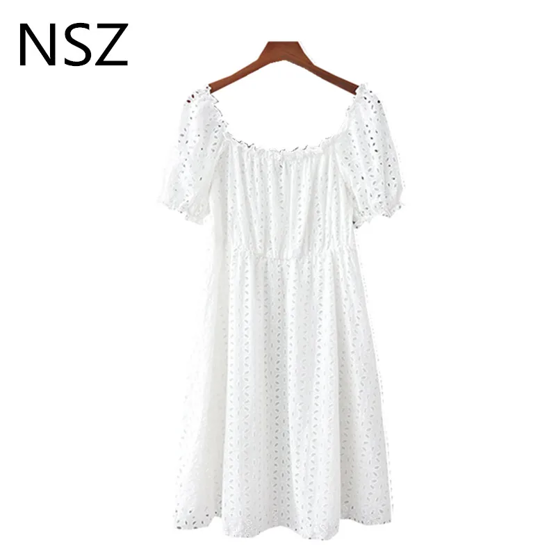 

NSZ Women Cotton White Off Shoulder Dress Embroidery Hollow Out Loose Casual Short Sleeve Summer Mini Dress
