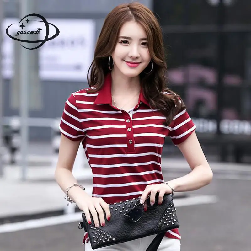 

YAUAMDB women polo shirts 2018 summer M-4XL cotton female tops tees clothing short sleeve striped loose casual ladies clothes 47
