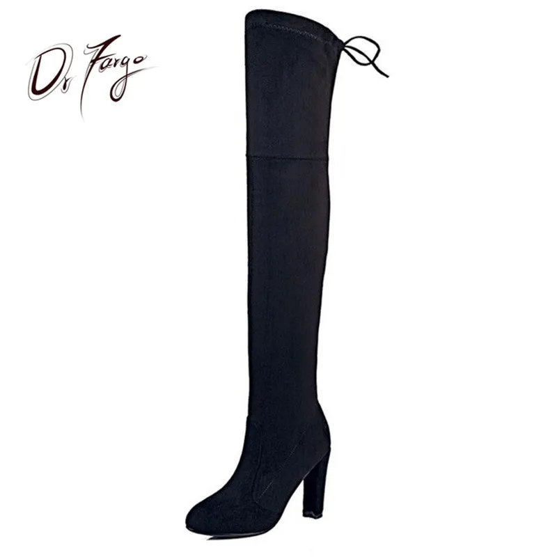 

DRFARGO Thigh High Boots Women Over Knee Fashion Shoes Faux Suede Slim Boots Sexy Block Heel Slip on Stretchy Autumn Shoes 35-43