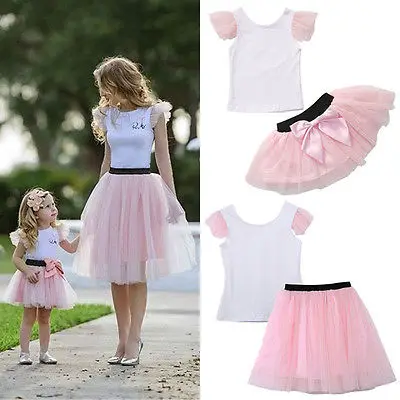 

2pcs Fashion Mother Daughter Women Kid Girls Summer T-shirt+Bow Tulle Skirt Outfits Summer Clothes Costume