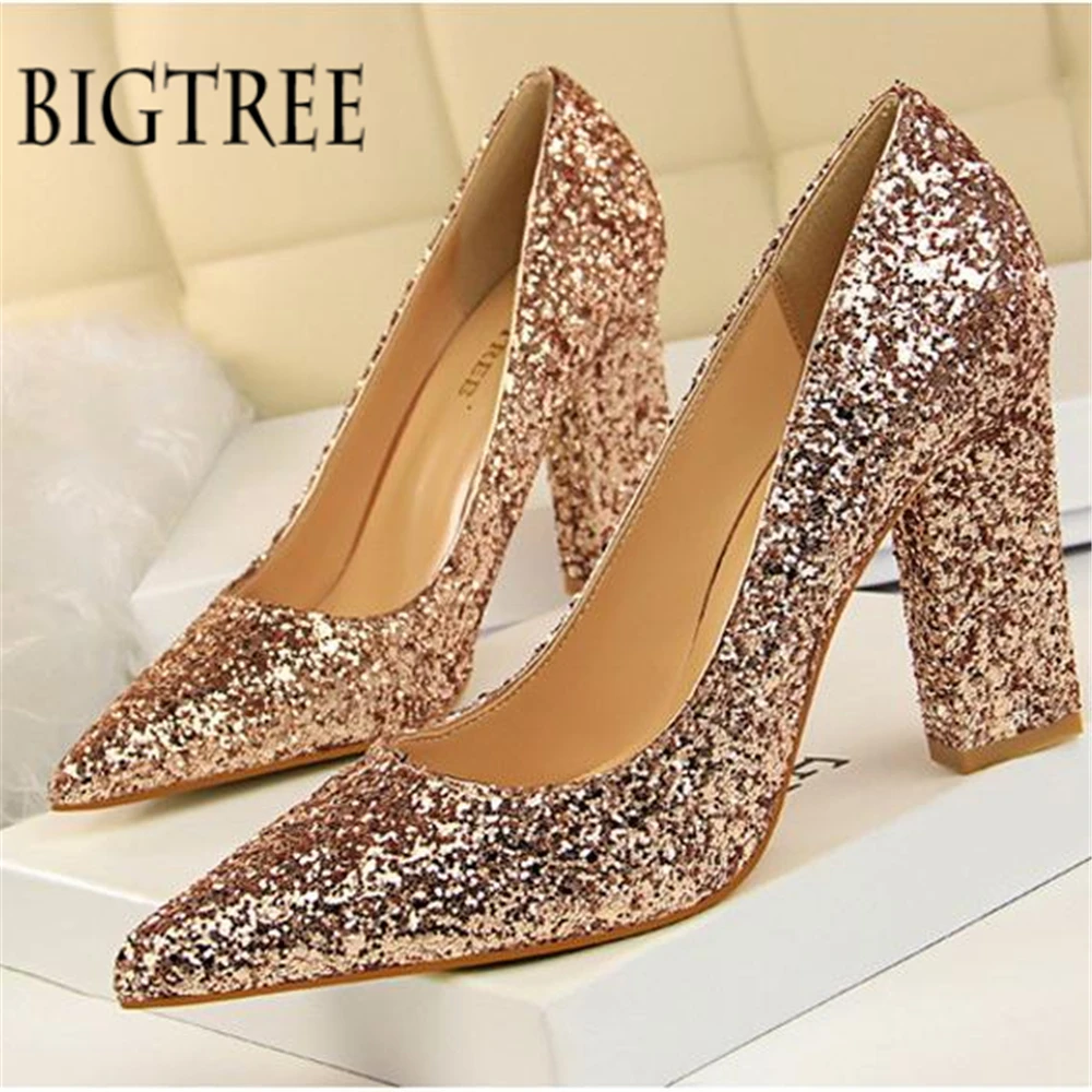 

fashion thick heel high heel shallow mouth to show thin sharp head sparkle bright piece sexy nightclub single shoe high heel