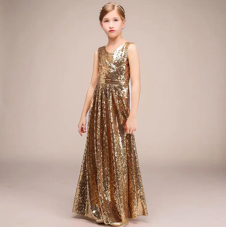 Детские Свадебные платья платье-комбинезон с золотыми блестками для девочек нарядное платье принцессы для девочек одежда на Рождество и день рождения для детей от 1 до 13 лет