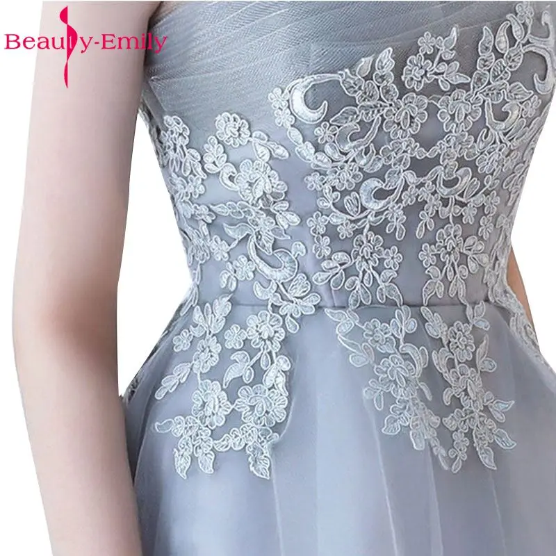 Grey Strapless Tulle Appliques Lace-Up Prom Dress with Built-In Bra for Evening Party by Beauty-Emily image 4